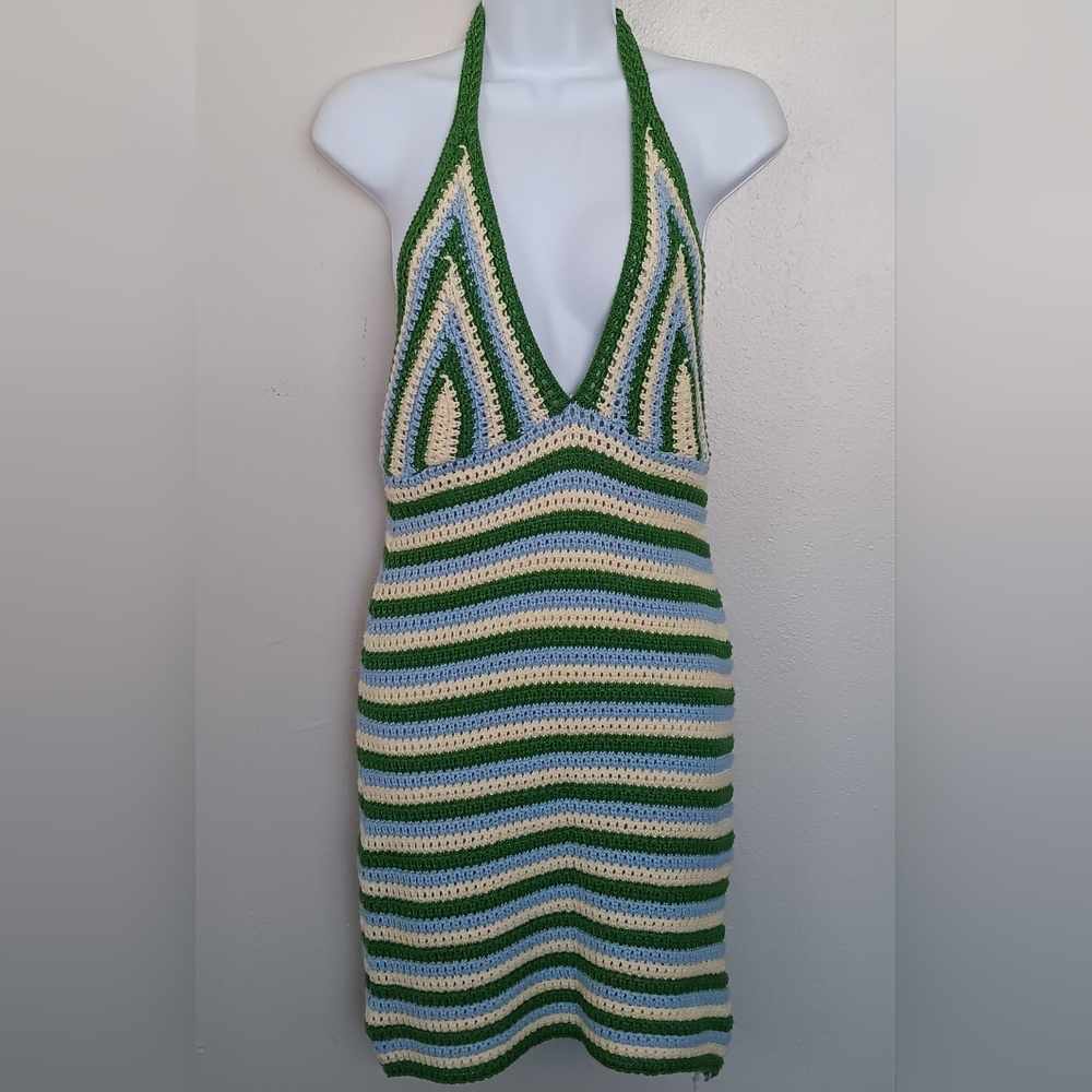 LILYFUL Striped Halter Crochet Backless Mini Dress Multicolor Sz M